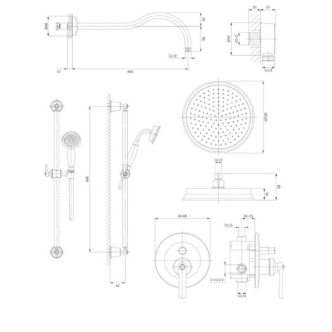 Omnires Armance system  prysznicowy podtynkowy miedź antyczna - rysunek techniczny