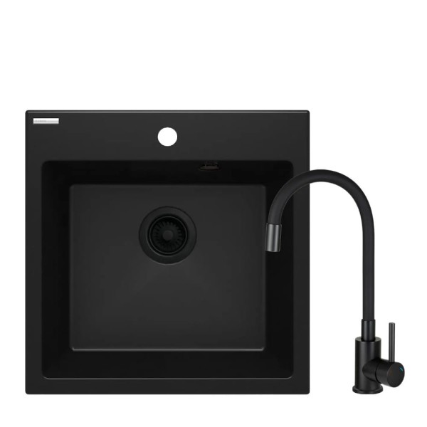 Deante Evora zlewozmywak granitowy z baterią 1-komorowy 50x50 nero.