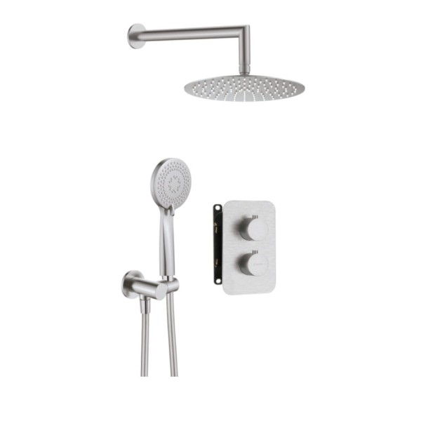 Deante Box zestaw podtynkowy natryskowy okrągły z boxem termostatycznym stal szczotkowana