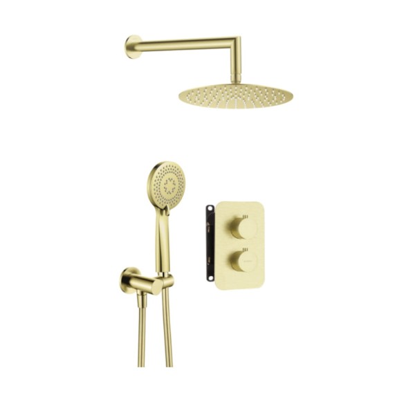 Deante Box zestaw podtynkowy natryskowy okrągły z boxem termostatycznym złoto szczotkowane