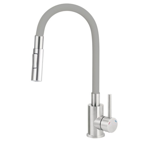 Deante Luno bateria zlewozmywakowa z giętką wylewką ze słuchawką 2-funkcyjną stal-szary