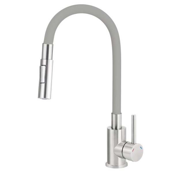 Deante Luno bateria zlewozmywakowa z giętką wylewką ze słuchawką 2-funkcyjną stal-szary