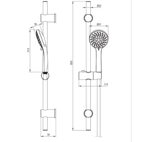 Deante Avis zestaw natryskowy z drążkiem chrom - rysunek techniczny.