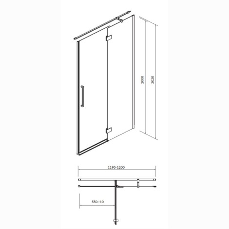 Cersanit Crea drzwi kabiny prysznicowej 120 x 200 cm prawe - rysunek techniczny.