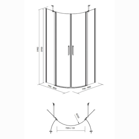 Cersanit Moduo kabina prysznicowa półokrągła 80 x 80 x 195 cm - rysunek techniczny.