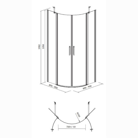 Cersanit Moduo kabina prysznicowa półokrągła 90 x 90 x 195 cm - rysunek techniczny.