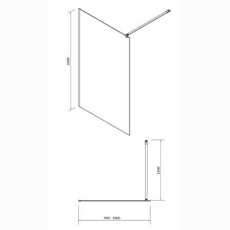 Cersanit Mille kabina prysznicowa walk-in 100 x 200 cm - rysunek techniczny.