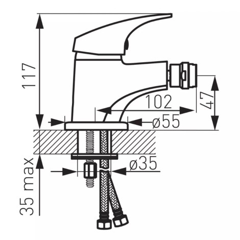 Ferro One bateria bidetowa chrom - rysunek techniczny.