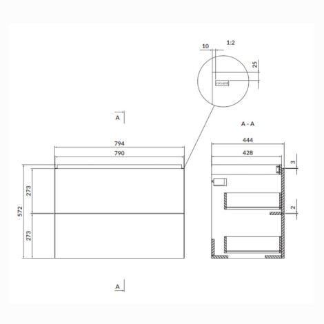 Cersanit Larga szafka podumywalkowa 80 cm biała - rysunek techniczny.