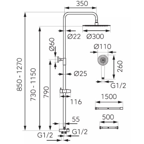Ferro Wizard Pro zestaw natryskowy z deszczownią z 3funkcyjną słuchawką czarna - rysynek techniczny