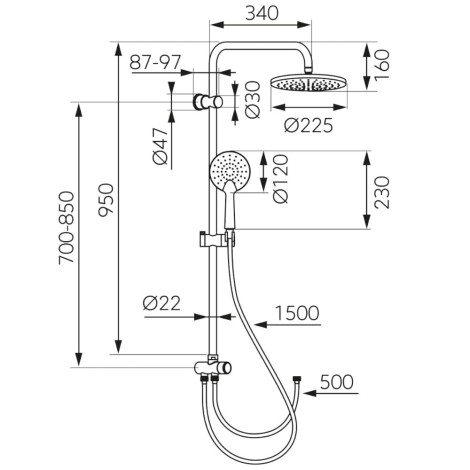 Ferro Coppa zestaw natryskowy z deszczownią czarny - rysunek techniczny.
