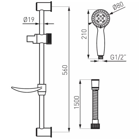 Ferro Evo natrysk przesuwny 5-funkcyjny z mydelniczką chrom - rysunek techniczny.