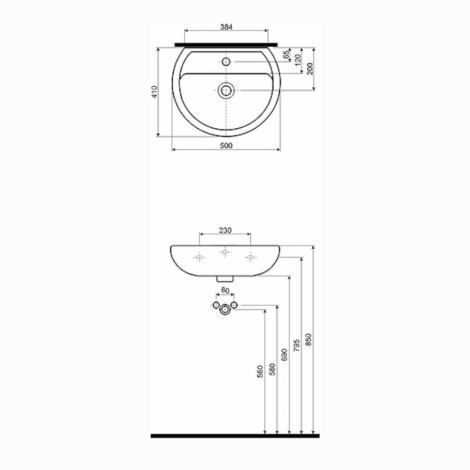Koło Rekord umywalka ścienna 60 cm - rysunek techniczny.