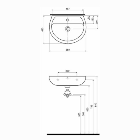 Koło Rekord umywalka ścienna 55 cm - rysunek techniczny.