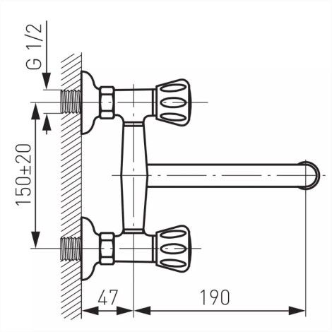 Ferro Standard bateria zlewozmywakowa ścienna chrom - rysunek techniczny.