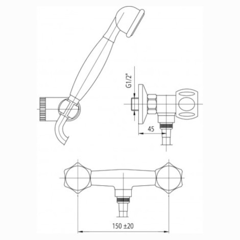 Valvex Class bateria natryskowa ścienna chrom - rysunek techniczny.