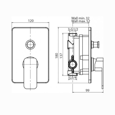 Valvex Loft Black bateria wannowo-natryskowa podtynkowa czarna - rysunek techniczny.