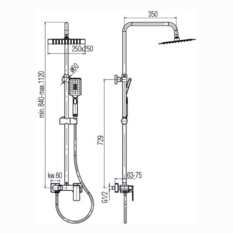 Valvex Loft deszczownia kwadratowa z baterią natryskową chrom - rysunek techniczny.