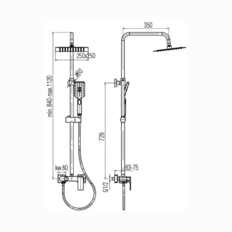 Valvex Loft Black deszczownia kwadratowa z bateria natryskową czarna - rysunek techniczny.