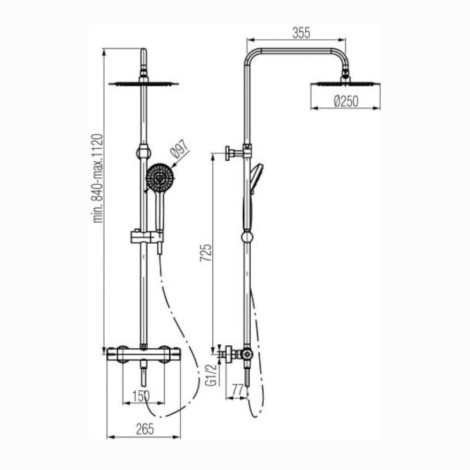 Valvex Estill deszczownia z baterią termostatyczną chrom - rysunek techniczny.