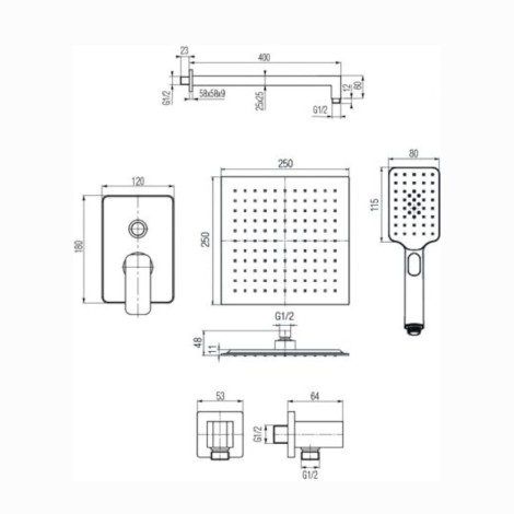 Valvex Carre Black deszczownia podtynkowa kwadratowa czarna - rysunek techniczny.