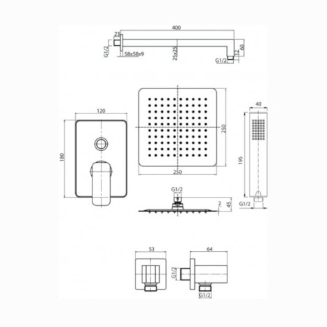 Valvex Carre Chrom deszczownia podtynkowa kwadratowa chrom - rysunek techniczny.
