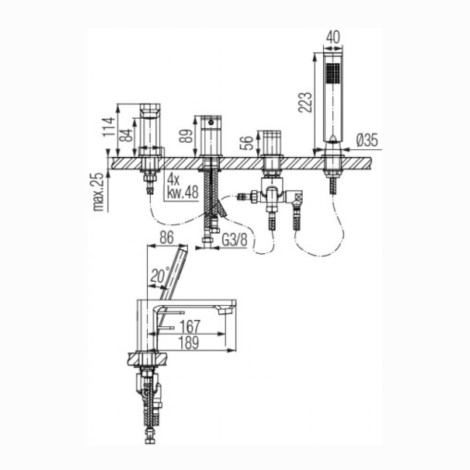 Valvex Loft bateria wannowa 4-otworowa stojąca chrom - rysunek techniczny.
