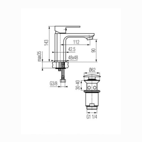 Valvex Loft bateria umywalkowa stojaca chrom - rysunek techniczny.