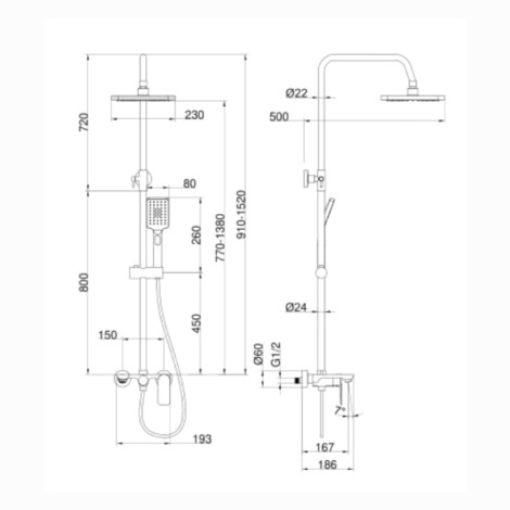 Valvex Loft deszczownia kwadratowa z baterią mieszaczową chrom - rysunek techniczny.