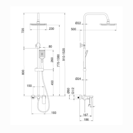 Valvex Loft Black deszczownia kwadratowa z baterią mieszaczową czarna - rysunek techniczny.