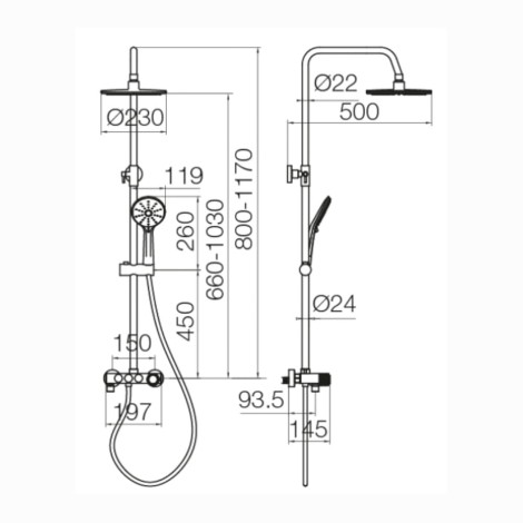 Valvex Decor deszczownia z baterią okrągła chrom - rysunek techniczny.