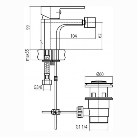 Valvex Loft Black bateria bidetowa stojąca czarna - rysunek techniczny.
