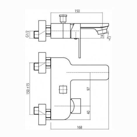Valvex Loft Black bateria wannowa ścienna czarna - rysunek techniczny.