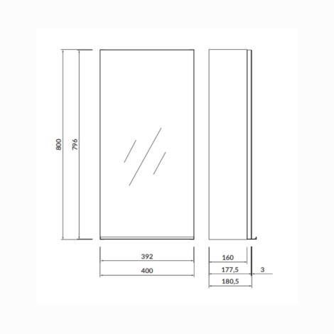 Cersanit Virgo szafka lustrzana 40 cm biała z ucheytem chrom - rysunek techniczny.