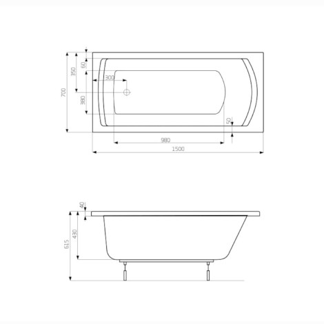 Roca Linea wanna prostokątna 150 x 70 cm - rysunek techniczny.
