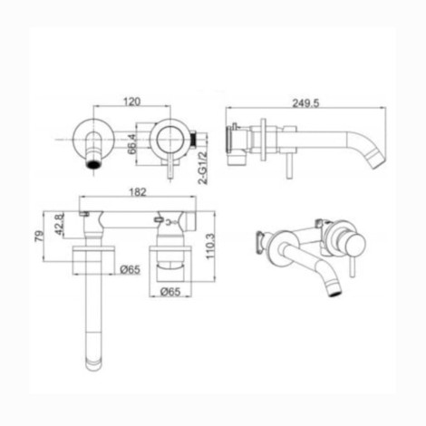Invena Glamur bateria umywalkowa podtynkowa chrom - rysunek techniczny.