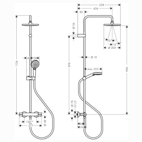 Hansgrohe Vernis Blend deszczownia z baterią termostatyczną czarna - rysunek techniczny.
