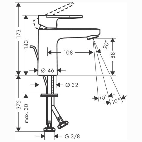 Hansgrohe Vernis Blend bateria umywalkowa z korkiem chrom - rysunek techniczny.