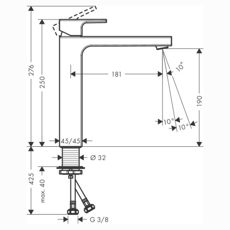 Hansgrohe Vernis Shape bateria umywalkowa wysoka czarna - rysunek techniczny.
