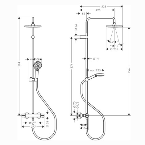 Hansgrohe Vernis Blend Showerpipe deszczownia z baterią termostatyczną chrom - rysunek techniczny.