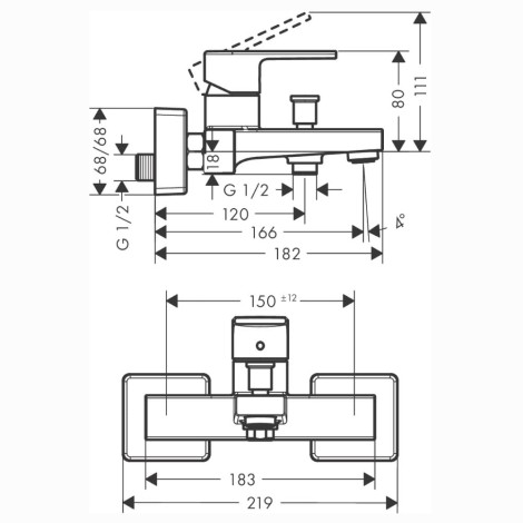 Hansgrohe VernisShape bateria wannowa chrom - rysunek techniczny.