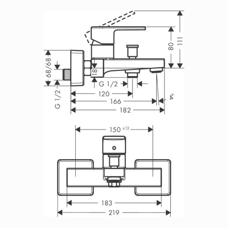 Hansgrohe Vernis Shape bateria wannowa czarna - rysunek techniczny.