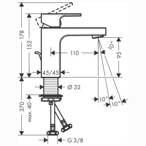 Hansgrohe Vernis Shape bateria umywalkowa chrom - rysunek techniczny.