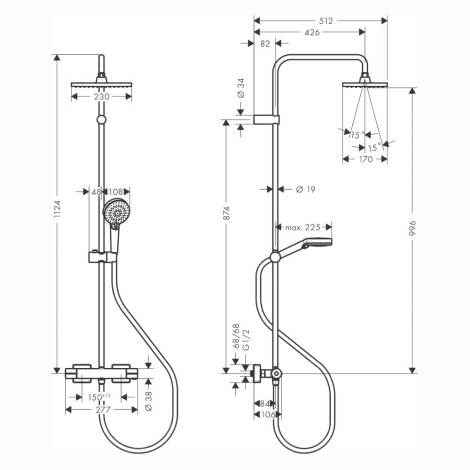 Hansgrohe Vernis Shape Showerpipe deszczownia z bateria termostatyczną czarna - rysunek techniczny.