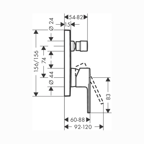 Hansgrohe Vernis Shape bateria wannowa podtynkowa chrom - rysunek techniczny.