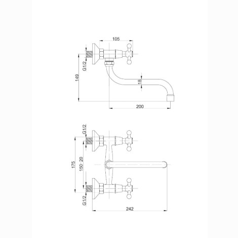 Hydroland Retro bateria zlewozmywakowa ścienna chrom - rysunek techniczny.