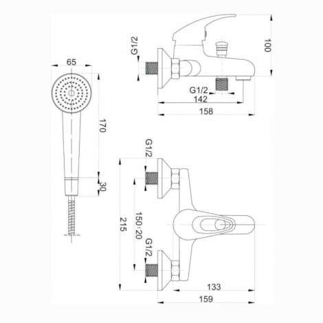 Hydroland Jowisz bateria wannowa ścienna chrom - rysunek techniczny.