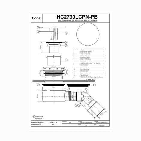 McAlpine syfon brodzikowy niski czyszczony od góry chrom - rysunek techniczny.
