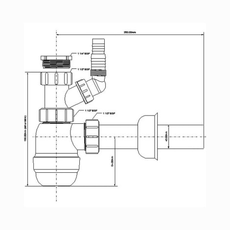 McAlpine syfon zlewozmywakowy butelkowy z podłączeniem do pralki - rysunek techniczny.