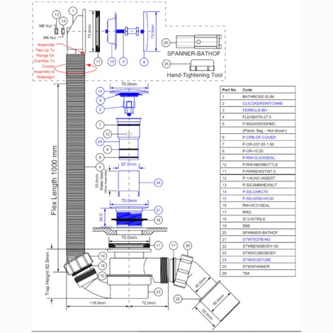 McAlpine syfon wannowy czyszczony od góry korek klik-klak biały - rysunek techniczny.